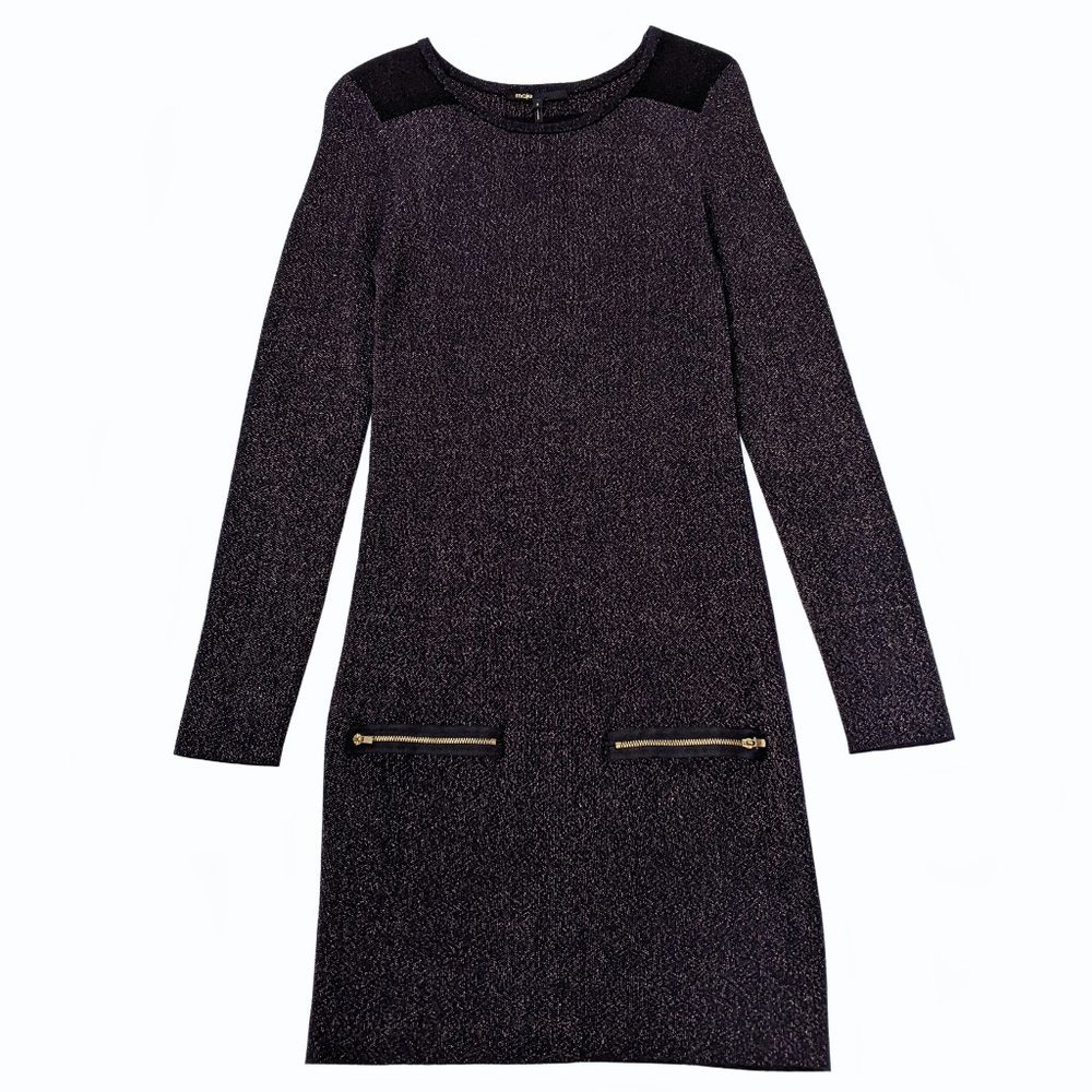 Maje H12 Palerme Robe Maille Lurex Knit Dress Navy Marine Blue & Gold | 3/L